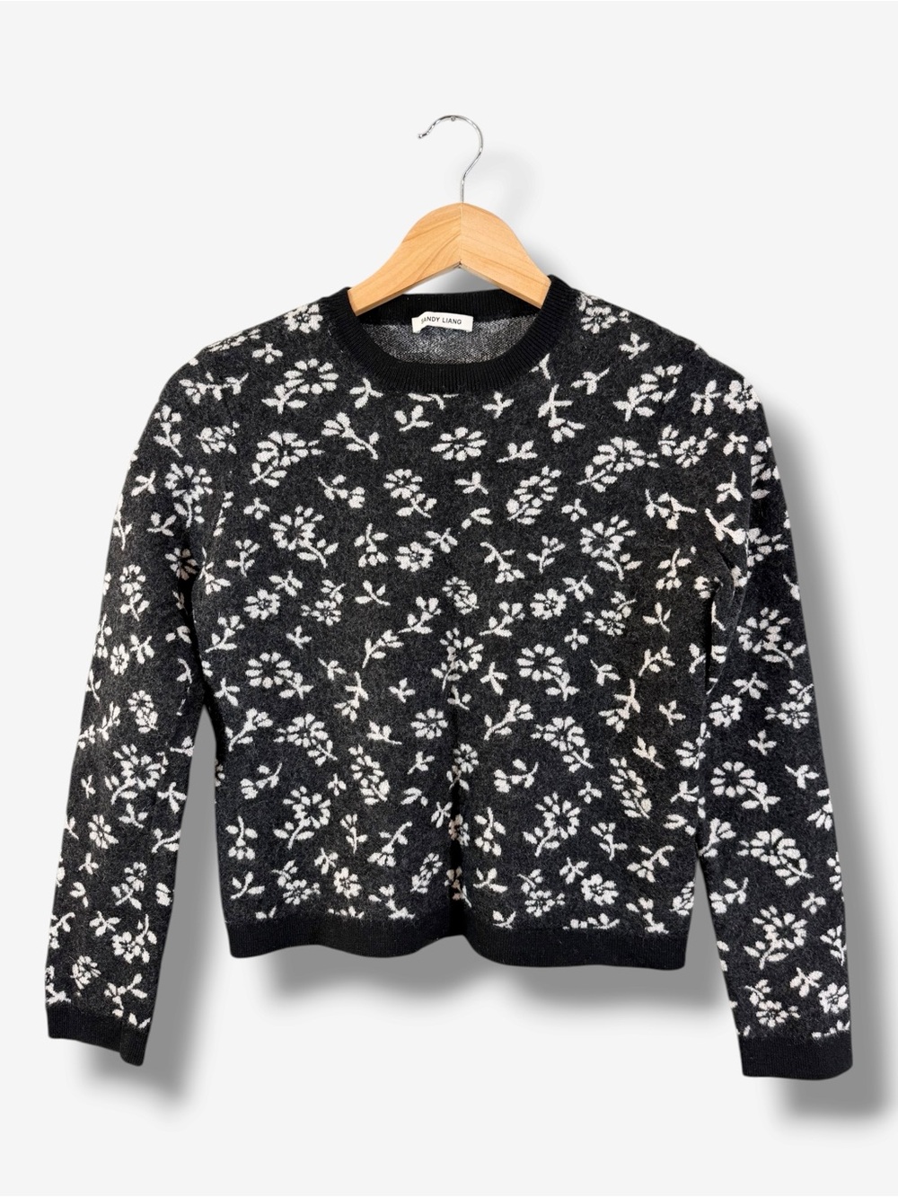 Sandy Liang Black White Floral Merino Wool Crewneck Sweater Size L (US 8)